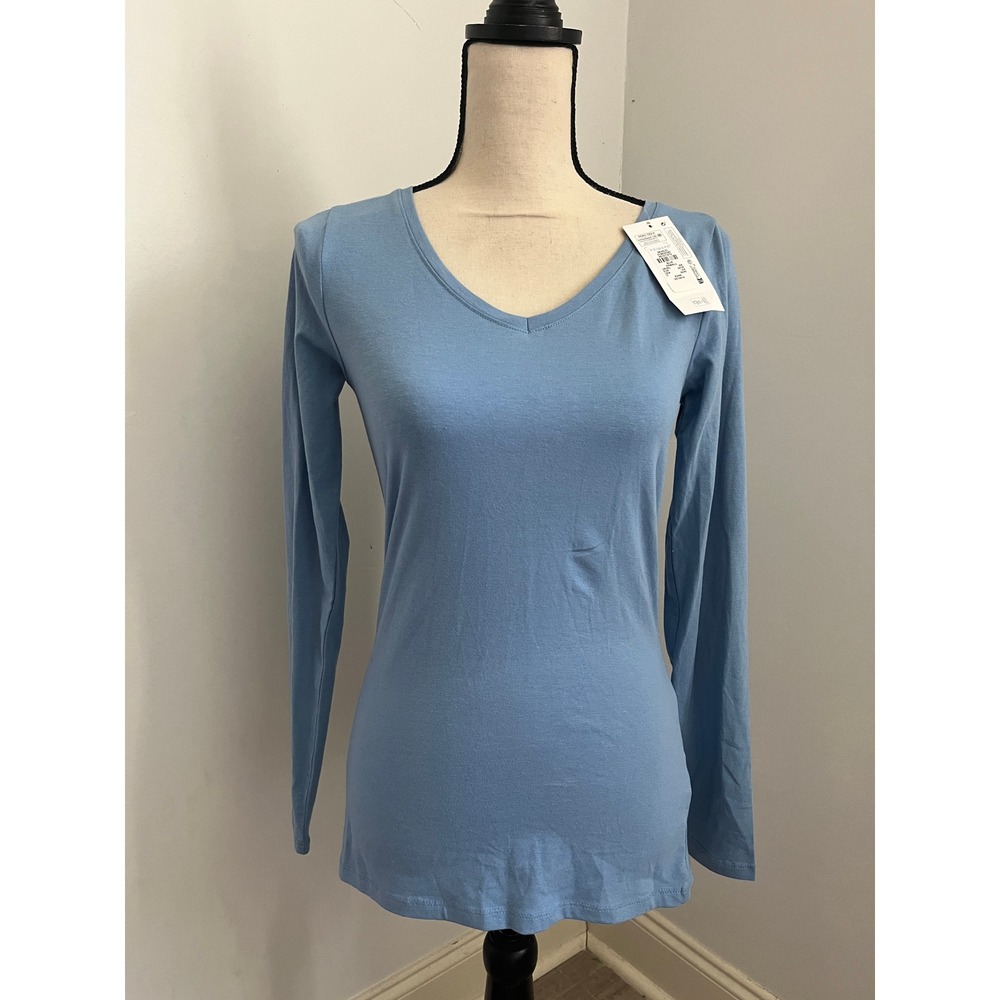Light Blue Womens Long Sleeve Tee XS Minimalist‎ Basic V-Neck T-Shirt Casual Top